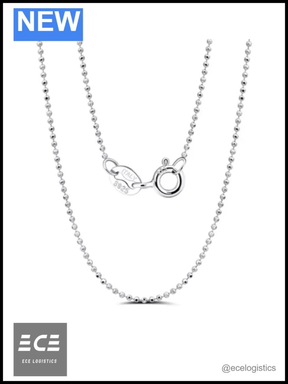 925 Sterling Silver Italian Bead Chain Necklace 16" Lobster Clasp
